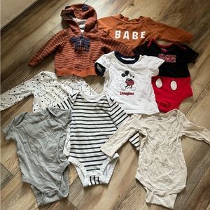BULK CLOTHING 6-9mo. Honest, Disney, Gerber, Carter! Onesies, sweaters bundle